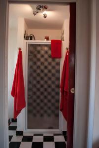 a bathroom with a shower with red towels at Otium B&B in Cavallirio