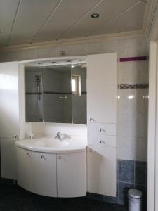La salle de bains est pourvue d'un lavabo et d'un miroir. dans l'établissement Chalet Stalland, à Sint-Annaland