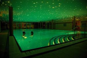 2 niños nadando en una piscina con techo verde en Enjoy Resorts Marina Fiskenæs, en Gråsten