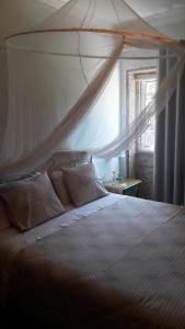 a bedroom with a bed with a mosquito net at Casa Serra do Lagar in Ribeiradio