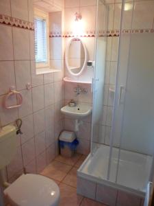 ein Bad mit einer Dusche, einem Waschbecken und einem WC in der Unterkunft Wypoczynek u Bożeny i Edka Tkaczyków in Grywałd