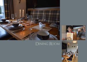 mesa de comedor con velas y platos y mesa de comedor en Trekkle Cottage, en Gatehouse of Fleet
