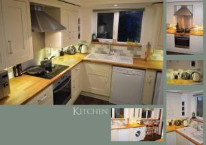 un collage de fotos de una cocina con armarios blancos en Trekkle Cottage, en Gatehouse of Fleet 22 fotos más