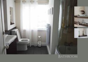 a bathroom with a toilet and a sink and a shower at Trekkle Cottage in Gatehouse of Fleet