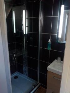 a black tiled bathroom with a shower and a sink at Chic'o Rail in Saint-Omer