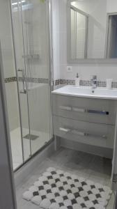 La salle de bains est pourvue d'une douche, d'un lavabo et d'un miroir. dans l'établissement Appartement À Valence, à Valence