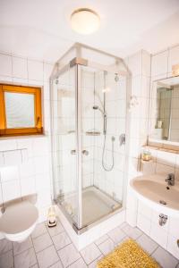 a bathroom with a shower and a sink at Landhaus Beate in Hirschegg