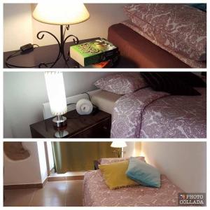 two pictures of a bedroom with a bed and a lamp at Ti Marquitas in Vila de Rei