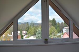 a window in a room with a view of trees at Apartmá Kateřina Velké Losiny in Velké Losiny