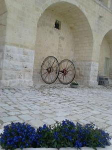 Una bicicleta está estacionada en un edificio con flores azules. en B&B Masseria Conti Filo, en Altamura