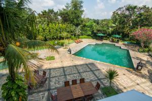 an overhead view of a swimming pool in a garden at Grand Candi Hotel in Semarang