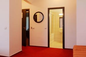 a hallway with a door and a mirror and a bathroom at Hotel Central in Călimăneşti