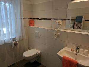 a bathroom with a toilet and a sink at Gasthaus Weingast in Bad Feilnbach +20 photos