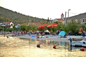 a crowd of people on a beach with boats in the water at Apartments Maris in Vinišće