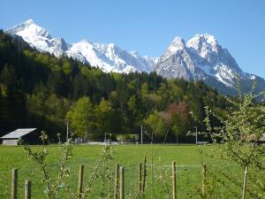 um campo com uma cerca e montanhas ao fundo em Gästehaus Andreas Hofer em Garmisch-Partenkirchen