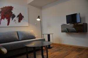 a living room with a couch and a tv on a wall at Maison am Liesingbach in Vienna