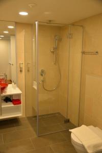 a bathroom with a shower with a toilet and a sink at Maison am Liesingbach in Vienna +37 photos