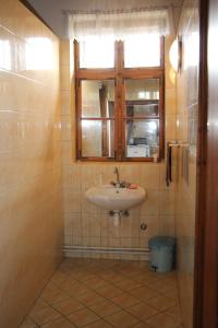 La salle de bains est pourvue d'un lavabo et d'une fenêtre. dans l'établissement A cigándi bíró háza, à Cigánd
