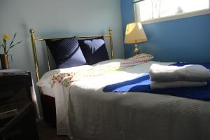 Un dormitorio con una cama con paredes azules y una ventana en Winnipeg Homestay, en Winnipeg