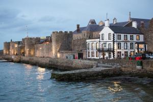 eine Gruppe von Gebäuden neben einem Fluss in der Unterkunft Anglesey Arms in Caernarfon