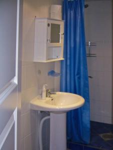 a bathroom with a sink and a blue shower curtain at Villa Elisabeth Apartments in Pärnu +40 photos