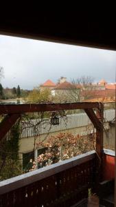 mit Blick auf einen Balkon mit einem Zaun und Blumen in der Unterkunft Rheinsberg Maisonette mit Blick auf Schloss-Park-See in Rheinsberg