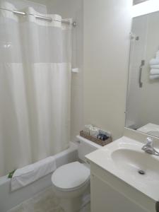 a white bathroom with a toilet and a sink at Amish Country Motel in Bird in Hand