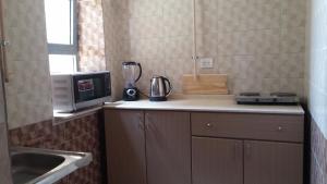 a kitchen with a counter with a sink and a microwave at Khayatz Apartment in Cairo