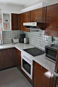 una cucina con armadi in legno e un piano cottura bianco con forno di Haus Bruschek a Sankt Gilgen Altre 13 foto