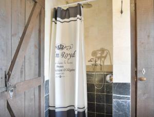 a shower curtain in a bathroom with a sink at Artagnan in Maastricht +68 photos