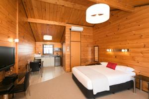 - une chambre avec un lit, un bureau et une télévision dans l'établissement Lockwood Manor Motel, à New Plymouth