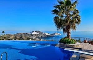 a swimming pool with a palm tree next to the ocean at Stefanos Village Hotel in Plakias