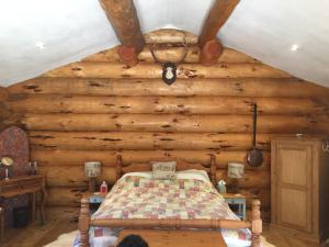a bedroom in a log cabin with a bed in it at Hesperus Lodge in Wellington