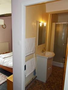 a bathroom with a sink and a mirror and a bed at Le Grand Pont in Estry