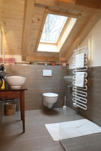 a bathroom with a toilet and a sink and a skylight at Bio & Vegi Pension Krennleiten in Schönau am Königssee