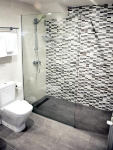 uma casa de banho com um WC e uma cabina de duche em vidro. em Hostal Paz em Gondomar