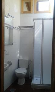 y baño blanco con aseo y ducha. en Albergue Santa Marina en Buelna