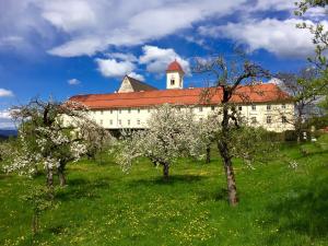 ザンクト・ゲオルゲン・アム・レングセにあるStift St. Georgen am Längseeの赤い屋根と木々が並ぶ白い大きな建物