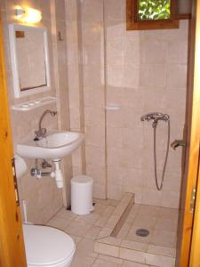 a bathroom with a sink and a toilet and a shower at Pension Nikolas in Skiathos