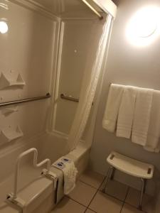 a bathroom with a shower and a tub and a toilet at Budget Host Melody Lane in Raton