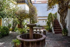 a fountain in a courtyard with a bench and stairs at Casa Ramirez - Guest House en el Segundo Piso in Sucre