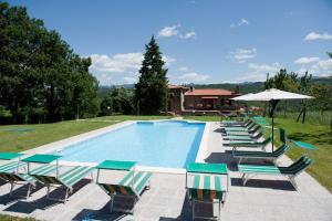 a swimming pool with lounge chairs and an umbrella at Agriturismo La Casina in Caprese Michelangelo