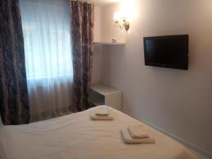 a bedroom with a bed with a television and towels at Lexy's Apartment in Braşov