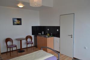 a room with a kitchen with a table and chairs at Apartotel Köln Frechen in Frechen