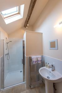 a bathroom with a shower and a sink at Cart Shed Cottage in Newport