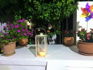 a candle in a glass lantern on a table with flowers at Villa Elena in Líndos