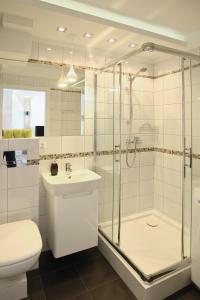 y baño con ducha, aseo y lavamanos. en Nice Stay Apartment, en Toruń