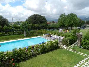 a swimming pool in a yard with chairs and plants at Hotel Patrizia in Marina di Massa