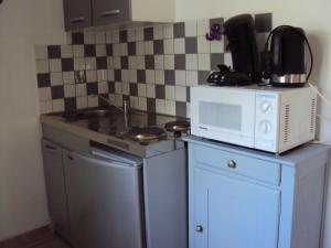 eine kleine Küche mit Mikrowelle und Spüle in der Unterkunft La Douloire in Pernes-les-Fontaines