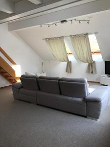 un soggiorno con divano e 2 finestre di Villa Clee Ferienwohnungen a Cleebronn